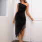 Sequin Asymmetrical Fringe Hem One-Shoulder Dress